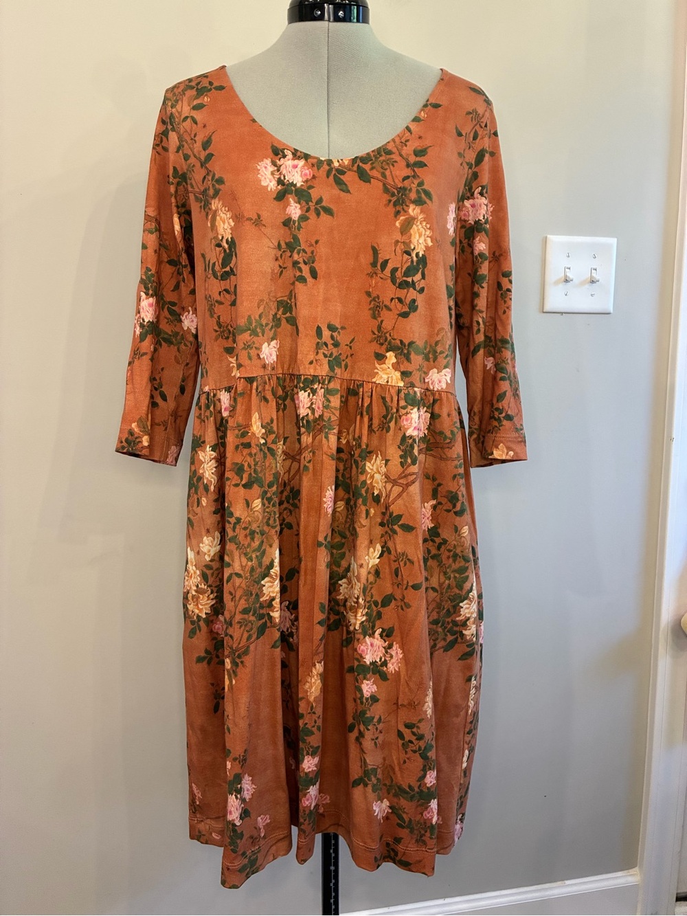 Peruvian Connection Rust Floral Midi Dress with Pink & Green Accents